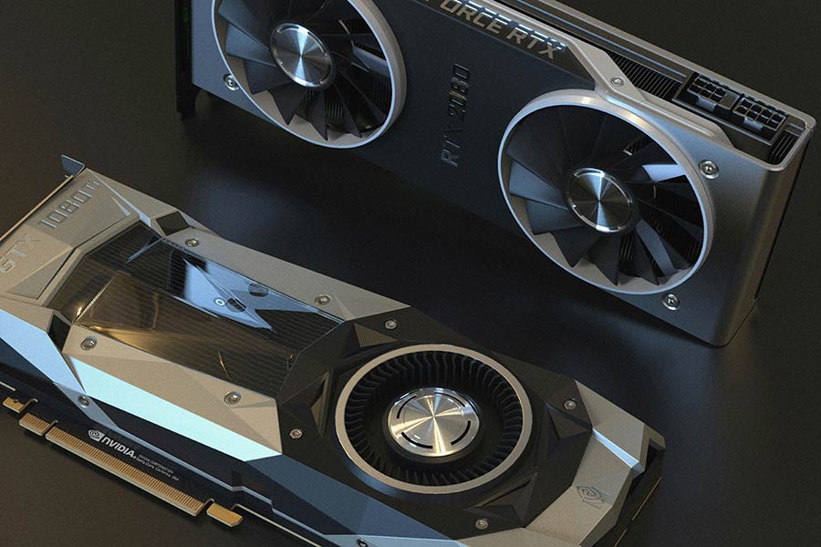 Graphics processing units showing a gold-plated edge connector.