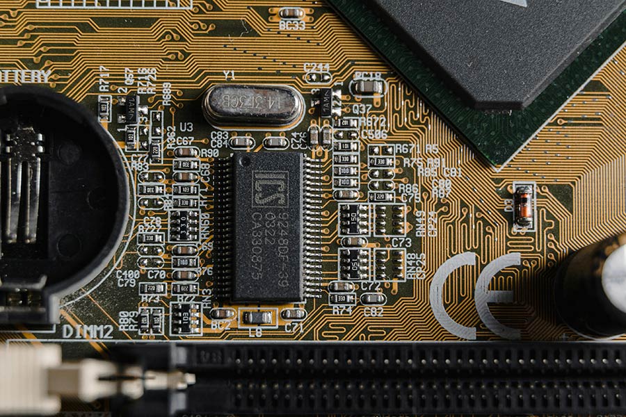 A circuit board with gold-plated components.