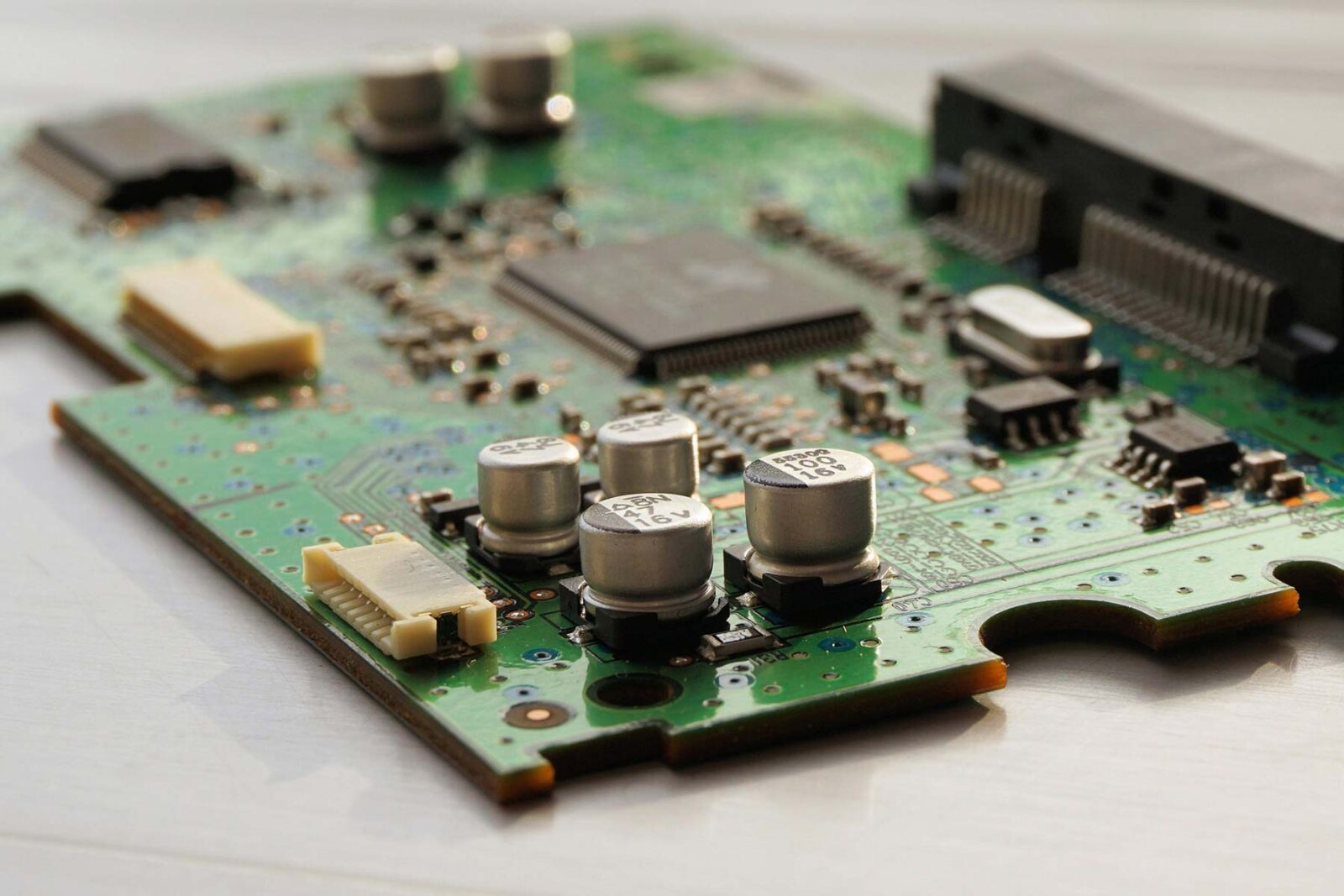 A circuit board with nickel-plated components.