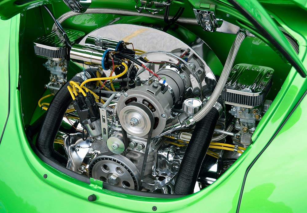 A modern vehicle engine with nickel-plated components.