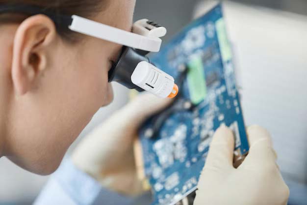 Female engineer inspecting a circuit board