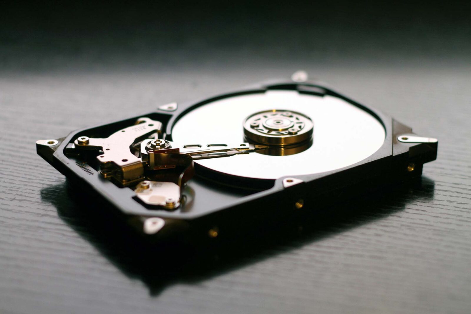 A hard disk drive with smooth, finished internal components.