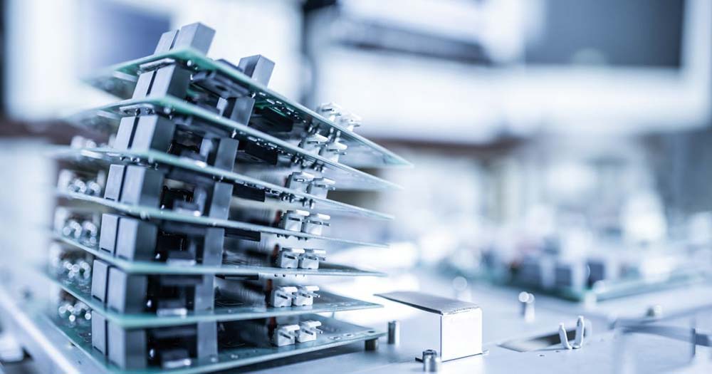 Stacked circuit boards with nickel-plated parts.