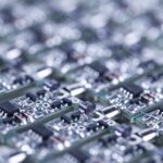 Closeup of silver-plated microcircuits.