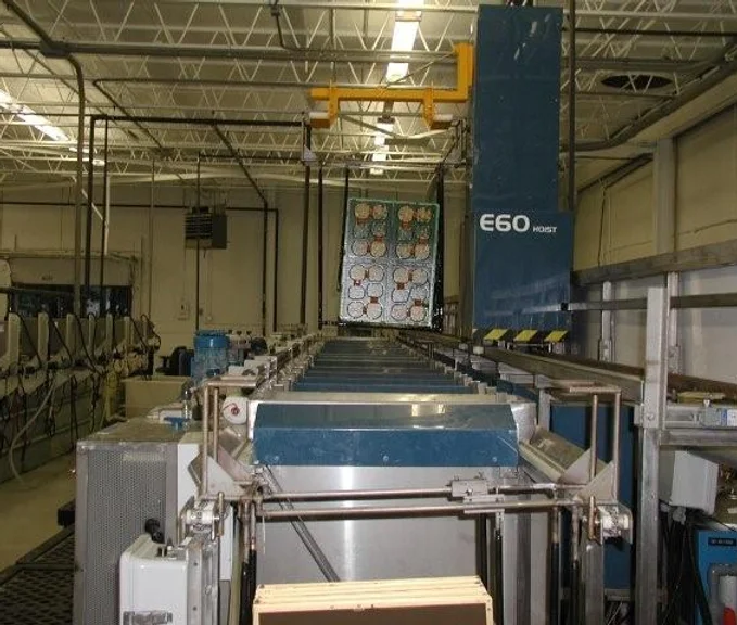 Industrial electroplating processing line with multiple tanks and an automated hoist system.
