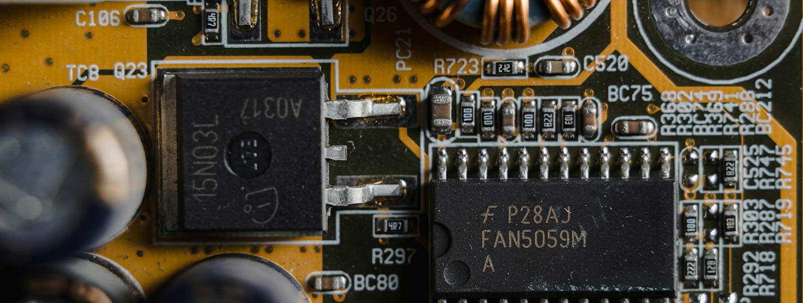 An image of electronic components on a circuit board.