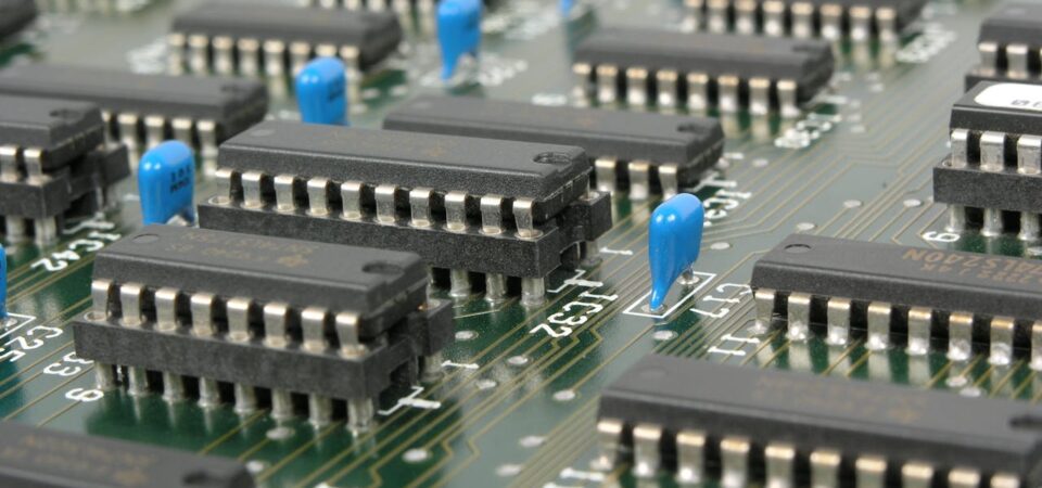 Close-up view of an electronic circuit board with multiple black integrated circuits and blue capacitors.