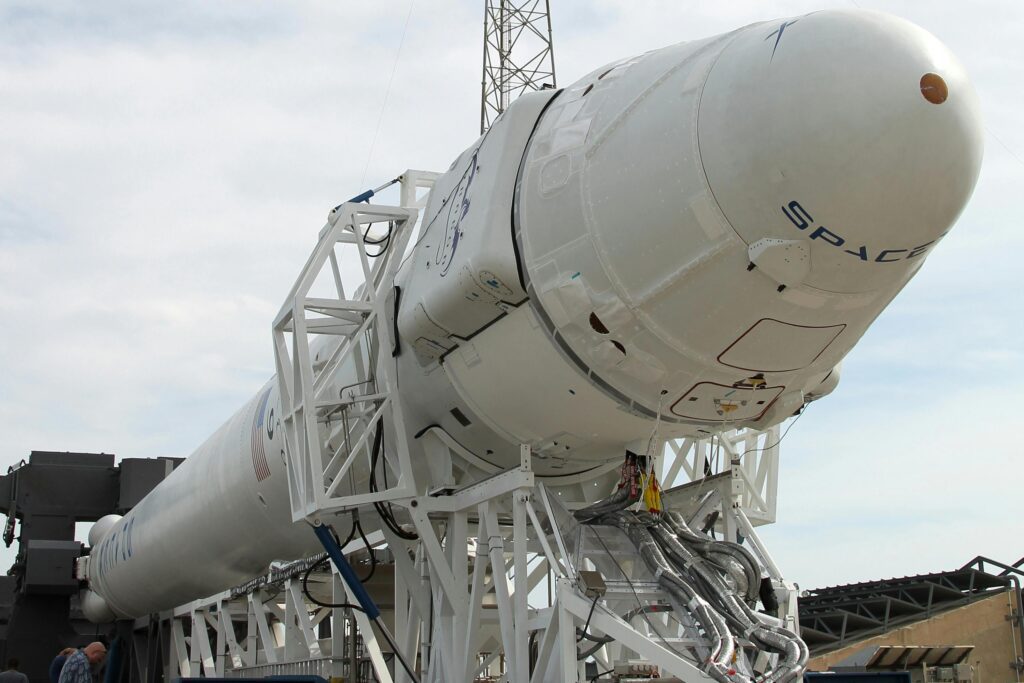 A white rocket transporter