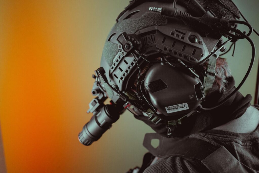 A tactical helmet with night vision gear.
